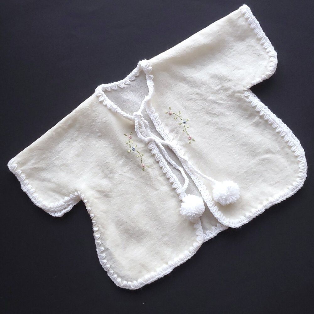 Baby Kimono Jacket Embroidered Flowers Cream White Trim Pom Poms Size 9m (est)